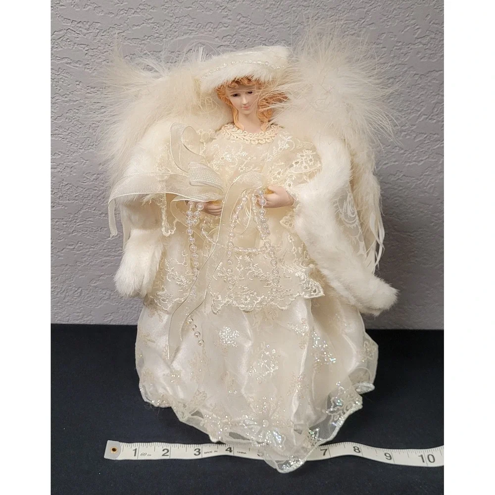 Angel Christmas Tree Topper Cream Glittery Snowflakes 11 inch Tall - Picture 9 of 10